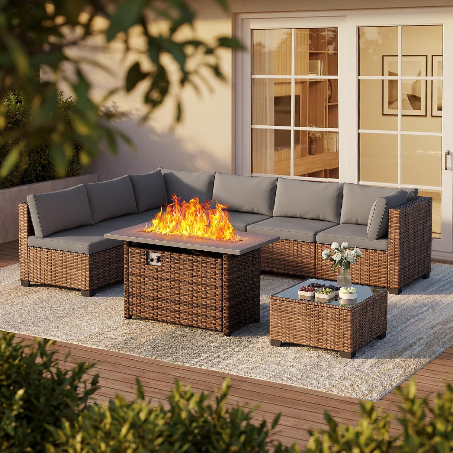 Wicker Patio Fire‑Pit Sectional Sofa Set