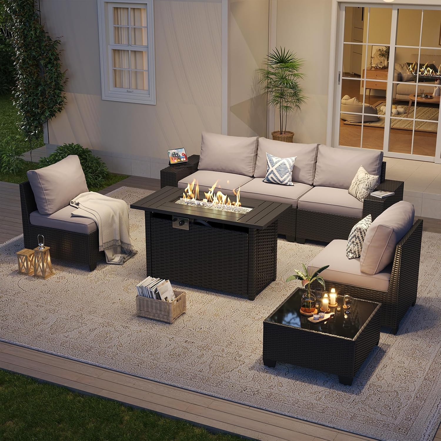 Wicker Patio Fire‑Pit Sectional Furniture Set