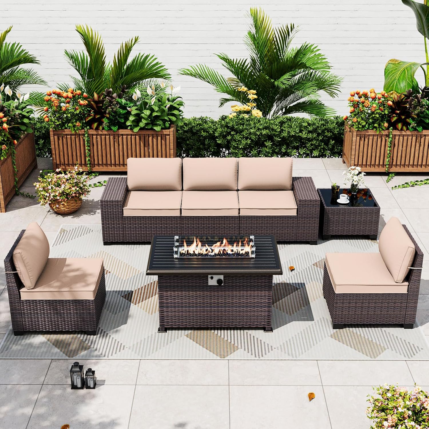 Wicker Patio Fire‑Pit Conversation Furniture Set