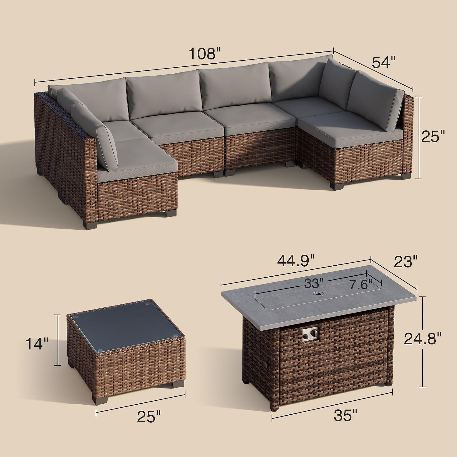 Wicker Patio Fire‑Pit Sectional Sofa Set