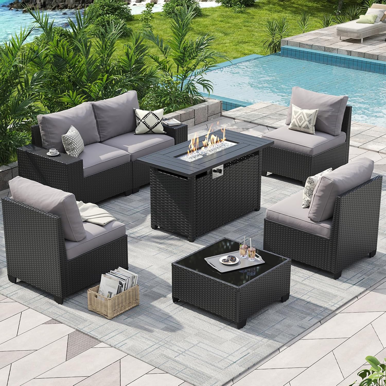 Wicker Patio Fire‑Pit Sectional Furniture Set