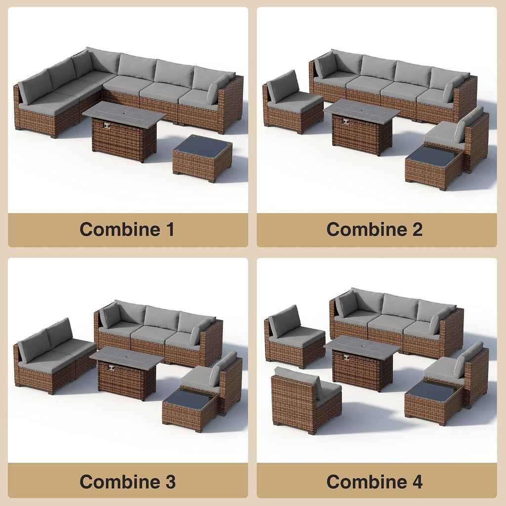 Wicker Patio Fire‑Pit Sectional Sofa Set