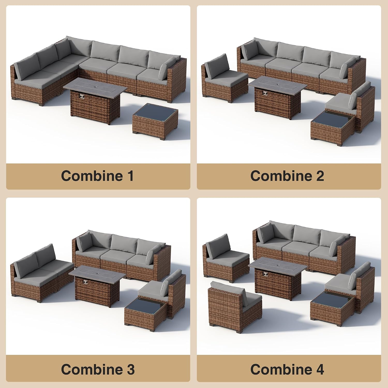 Wicker Patio Fire‑Pit Sectional Sofa Set
