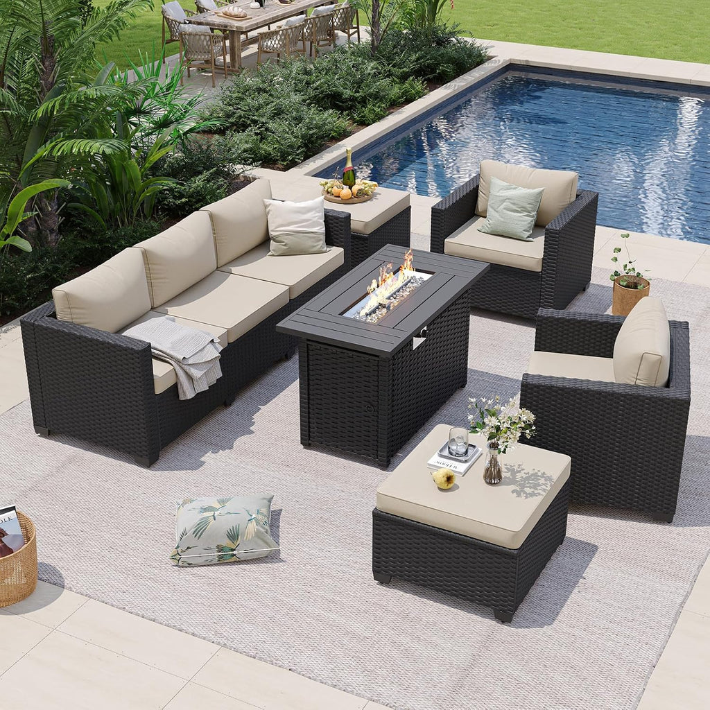 Wicker Patio Fire‑Pit Sectional Furniture Set