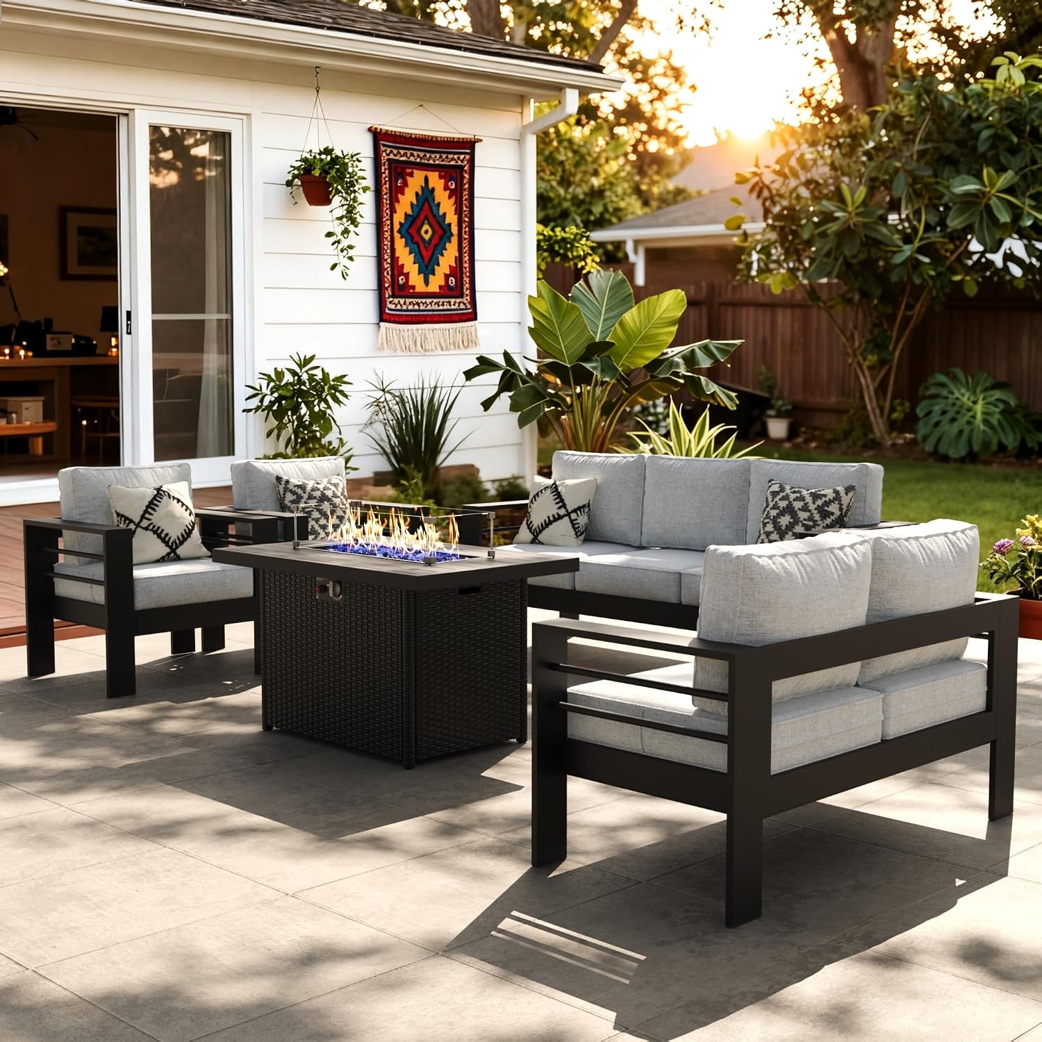 LayinSun Aluminum Patio Fire‑Pit Conversation Sofa Set