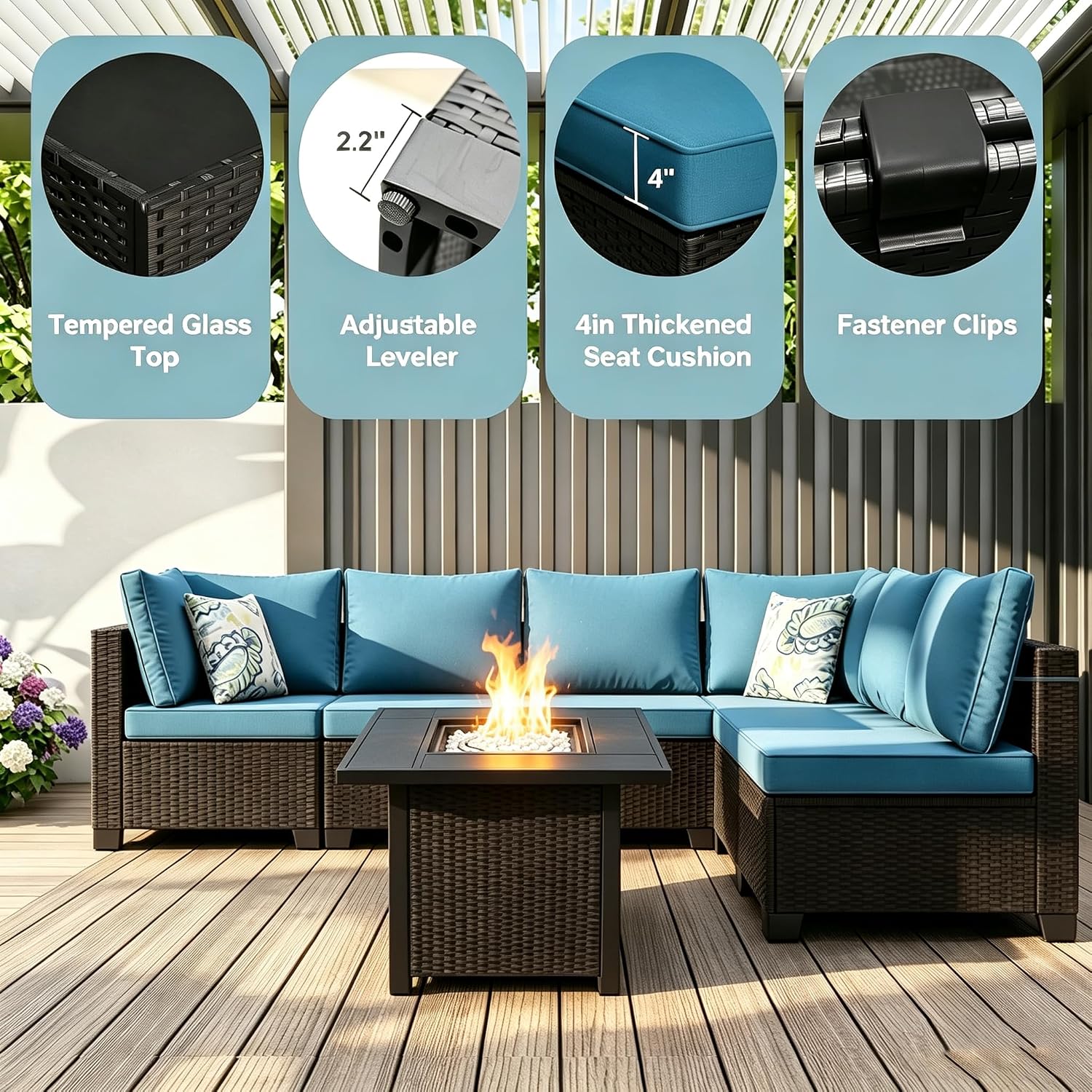 Wicker Patio Sectional Fire‑Pit Furniture Set