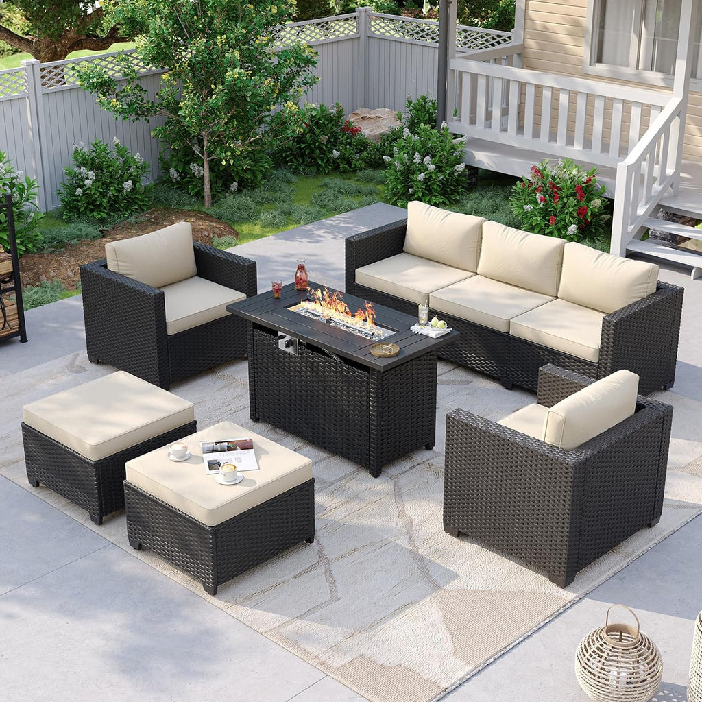 Wicker Patio Fire‑Pit Sectional Furniture Set