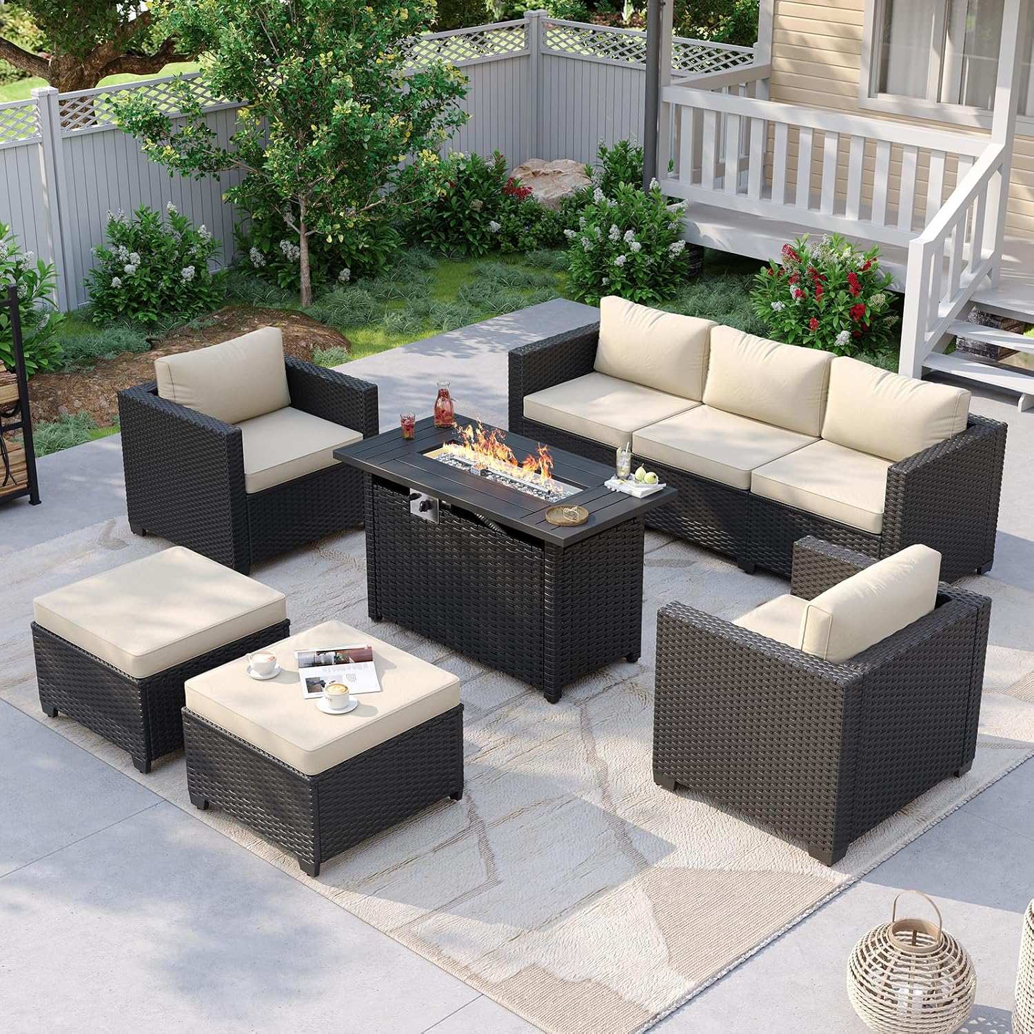 Wicker Patio Fire‑Pit Sectional Furniture Set
