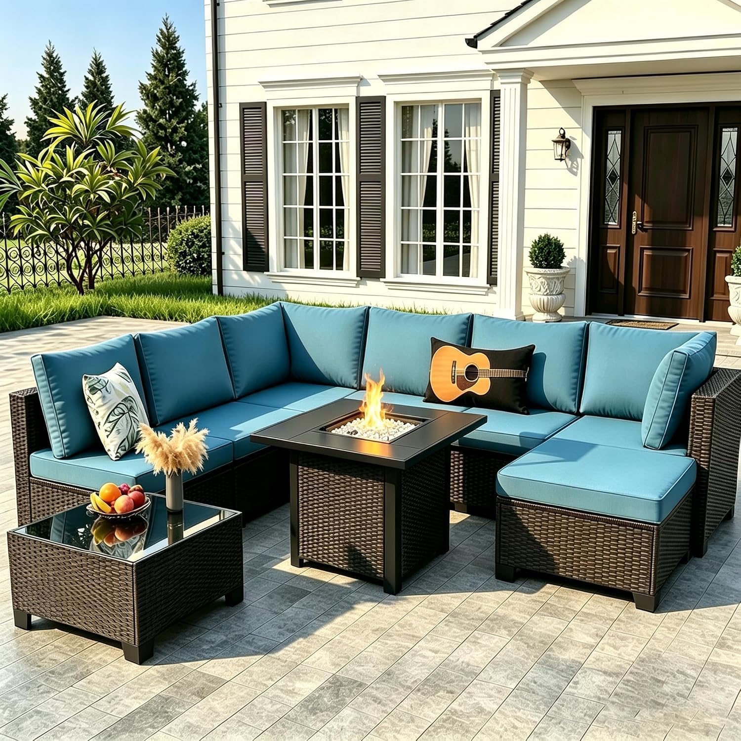 Wicker Patio Sectional Fire‑Pit Furniture Set