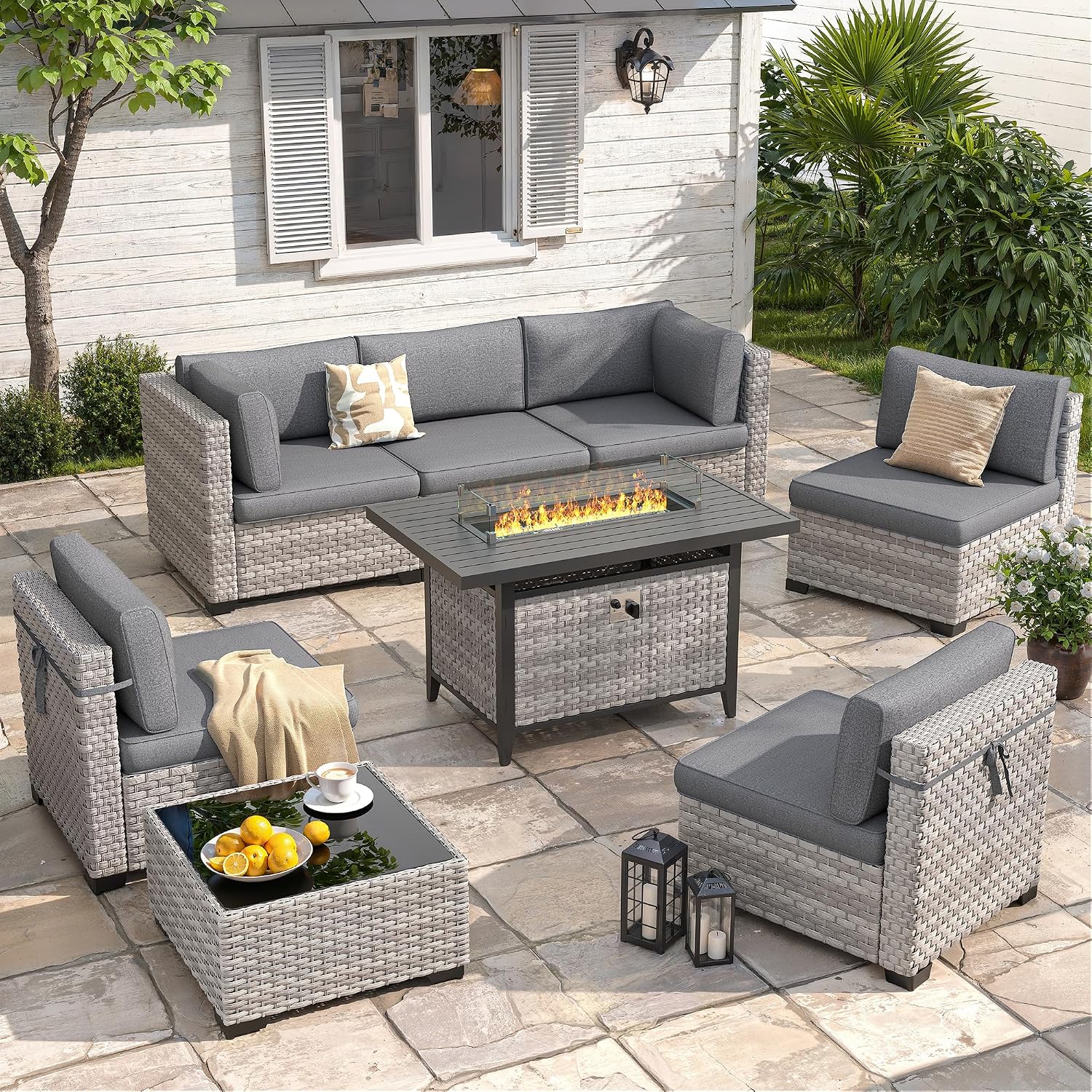 Wicker Patio Fire‑Pit Conversation Furniture Set