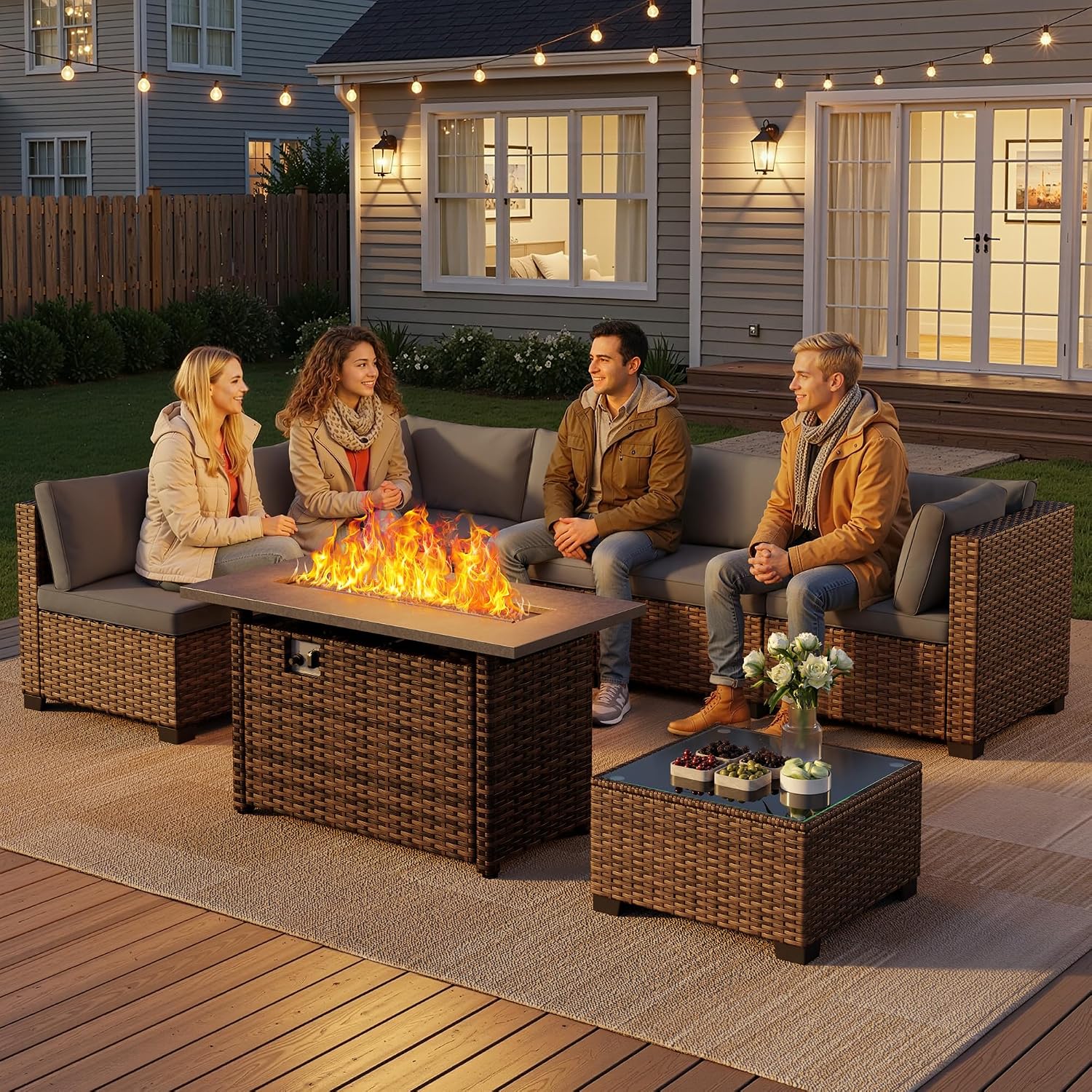 Wicker Patio Fire‑Pit Sectional Sofa Set