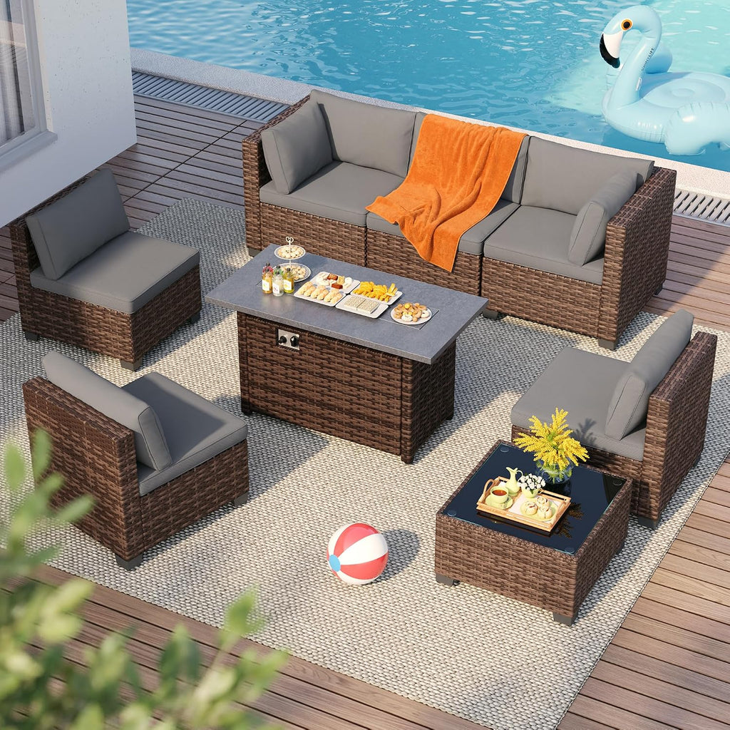 Wicker Patio Fire‑Pit Sectional Sofa Set