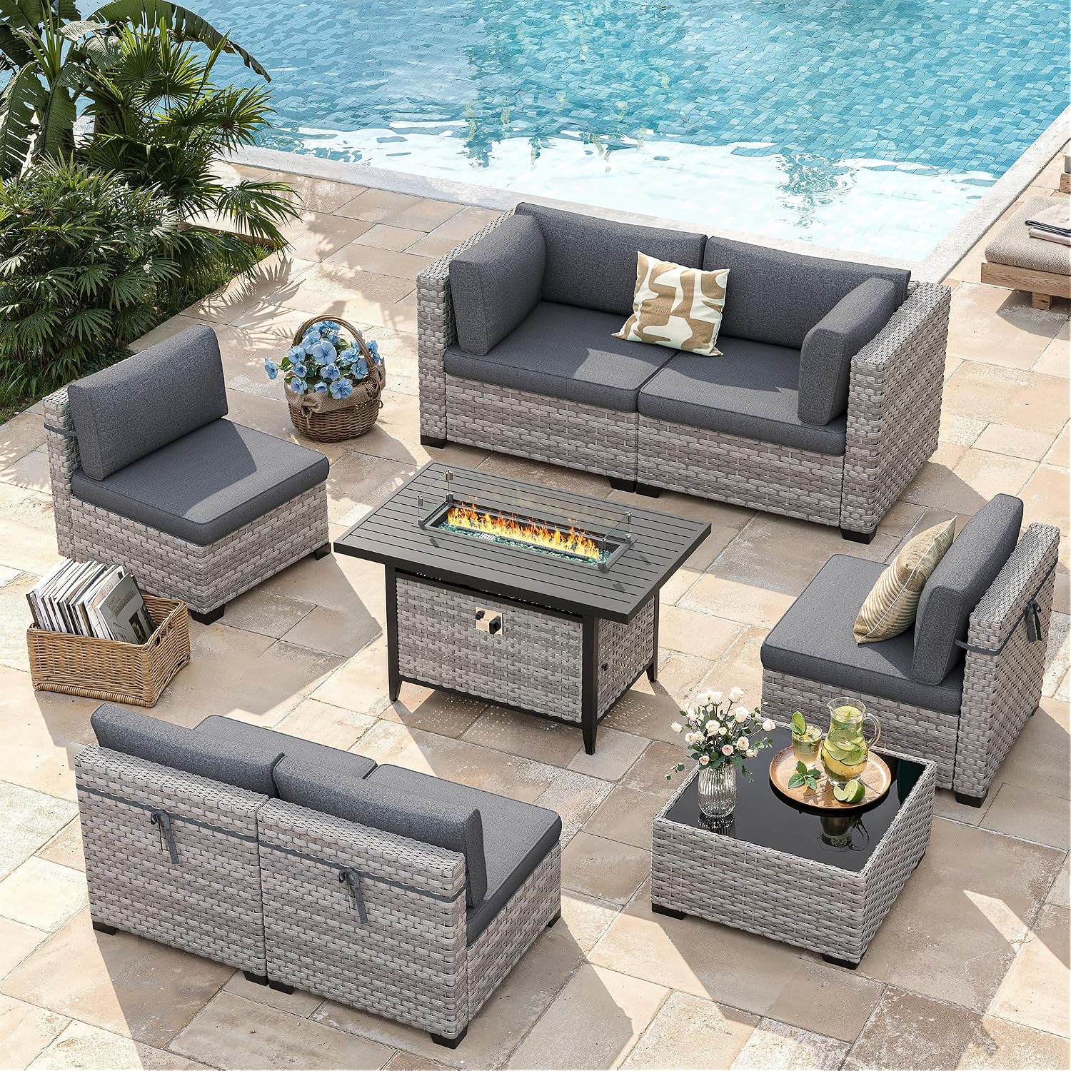 Wicker Patio Fire‑Pit Conversation Furniture Set